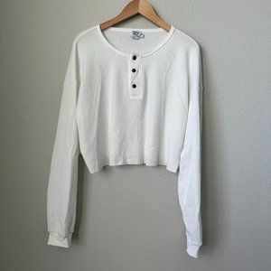 Princess Polly White Waffle Knit Longsleeve Cropped Raw Hem Crew Neck Top